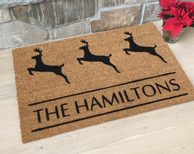 Reindeer Door Mat - Personalized Holiday Doormats - Family Name Doormats - Door Mat - Reindeer Decor - Customized Door Mats - Holiday Decor