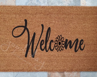 Welcome Flower Coir Doormat: Custom Outdoor Mat