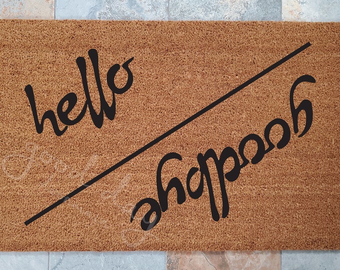 Hello Goodbye Slant Door Mat / Custom Doormats / Welcome Mat / Personalized Doormat / Family Gift Ideas / Gift Ideas / Greetings Doormat