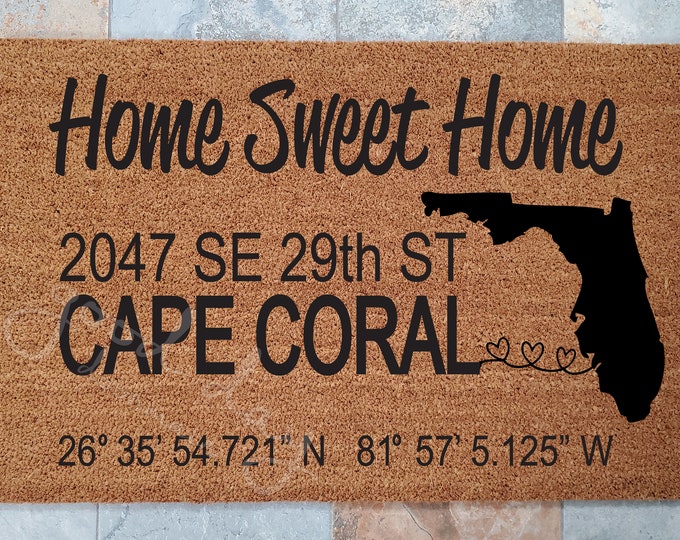 Home Sweet Home GPS Coordinates Welcome Mat / Doormat / Custom Doormats / Gift Ideas / Family Gift / Lat and Long location / GPS