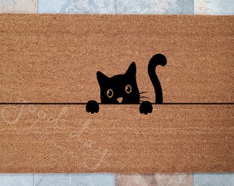 Cat Peeking Over Wall Doormat: Pet Lover Welcome Mat