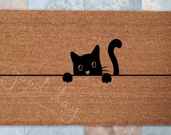 Cat Peaks Over the Wall Welcome Mat / Pet Lover Doormat / Custom Doormats / Gift Ideas / Family Gift / Dog and Cat