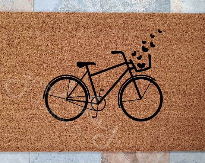 Bicycle with Hearts Doormat / Custom Doormats / Welcome Mat / Personalized Doormat / Gifts for Him / Gifts for Her / Bicycles / Unique Gifts