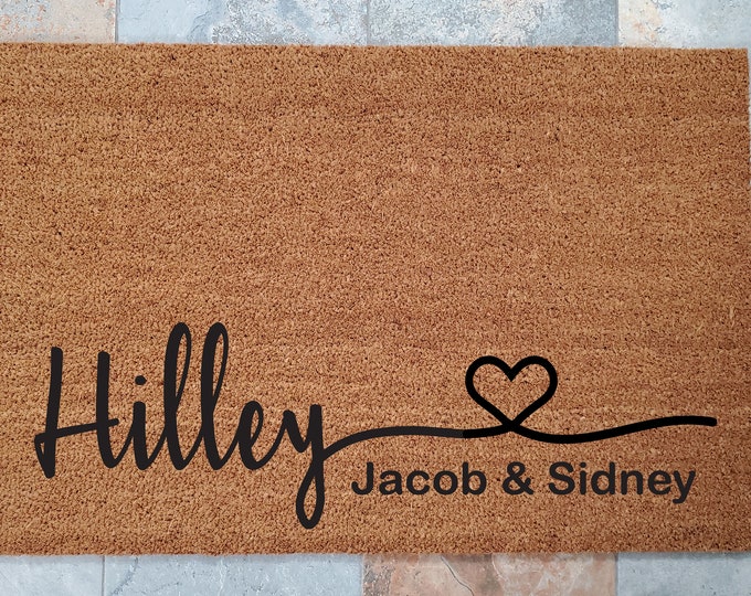 Family Name Doormat with Heart / Personalized Welcome Mat / Custom Doormats / Family Name Decor / Front Door Greeting