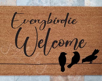 Everybirdie Welcome Doormat/ Birds on a Wire Welcome Mat / Personalized Custom Door Mats / Gifts For Her / Gifts for Mom / Unique Gifts