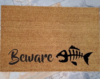 Beware Fishbones Coir Doormat: Funny Outdoor Welcome Mat