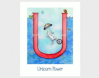 Unicorn art, initial U print, personalized unicorn, alphabet letter art, girls wall art, boys room art, childrens room decor, nursery print