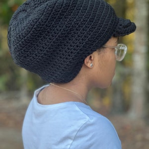 Black Crochet Loc Tam Beanie with Brim and Drawstring