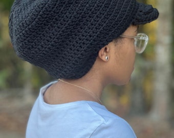 Black Crochet Loc Tam Beanie with Brim and Drawstring