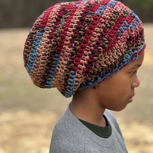 Brown Red Multi Crochet Loc Tam Slouchy Beanie