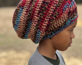 Brown Red Multi Crochet Loc Tam Slouchy Beanie