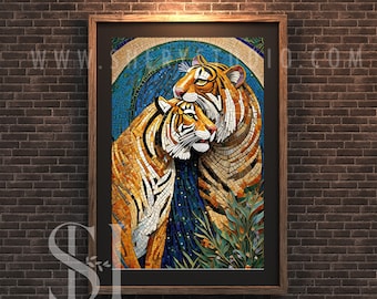 Kiss me Tiger poster , Tigers digital wall Art, Gustav Klimt Style, Tiger art work, Tiger gifts, Printable Tiger, animal print