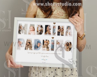Puede incluir: Un collage de fotos enmarcado con las palabras "MADRINA" y "Padrino" en un marco blanco. Las letras están llenas de fotos familiares. El marco está sostenido por una persona. El texto "www.sherystudio.com" es visible.