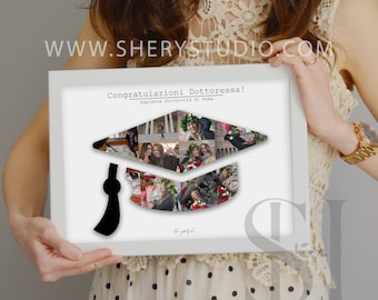 Puede incluir: Un collage de fotos enmarcado en blanco con forma de gorro de graduación. El collage está formado por fotos de un grupo de personas celebrando una graduación. El texto "Congratulazioni Dottoressa! Sapienza Universita di Roma" está impreso en la foto.
