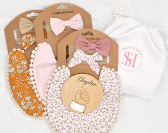 Regalo para recién nacidos, baberos para bebés, soporte de pulsera de nacimiento de madera, paquete de nacimiento, diadema para recién nacidos