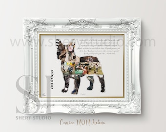 Puede incluir: Una impresión enmarcada con un collage de fotos en forma de bulldog francés. El marco blanco tiene detalles ornamentados. La impresión incluye huellas de patas y texto en italiano. Las palabras "Shery Studio" son visibles.