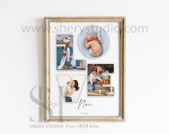 Puede incluir: Una impresión enmarcada con la palabra "LOVE" escrita en letras grandes. Cada letra está llena con una foto de familia diferente. Las fotos muestran una pareja, una familia con un niño, un bebé y una familia con un perro. La impresión también incluye el nombre "Noi" y el texto "El mejor regalo".