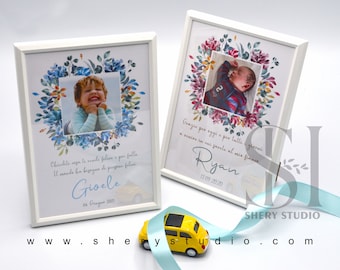 Puede incluir: Dos marcos de fotos blancos con coronas de flores de acuarela y fotos de niños. El texto en los marcos dice "Chindite voga le ronde felice poi fallo Il mondo ba bigagus de pergene filii Gioele 06 Giugno 2021" y "Grazie per oggi e per lalli a senise in cui garele al mis fiance Ryan 13.09.2020".