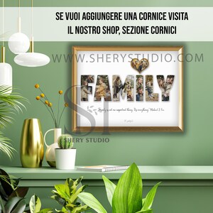Może przedstawiać: Obraz w złotej ramie z białym tłem, na kt&oacute;rym widnieje słowo "FAMILY" dużymi literami. Każda litera składa się ze zdjęcia członka rodziny. Cytat "Family is not an important thing. It's everything." jest wydrukowany pod słowem "FAMILY".