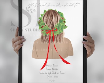 Puede incluir: Una ilustración enmarcada de una mujer con cabello rubio que lleva una corona verde con bayas rojas y una cinta roja. El texto "She believed she could, so she did it" está en la parte superior de la ilustración. El texto "Miriam Ferrari, Scienze Politiche, Universita degli Studi di Firenze, Classe 2022" está en la parte inferior de la ilustración.