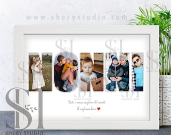 Puede incluir: Un collage de fotos enmarcado en blanco con la palabra "NONNI" escrita en letras grandes. Cada letra está llena de una foto de familia diferente. Las fotos son de abuelos y nietos. El texto debajo de las fotos dice "Siete i nonni migliori del mondo. Vi vogliamo bene."