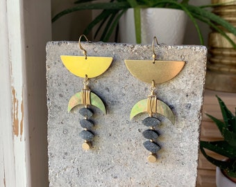 BOHO STATEMENT EARRINGS Brass Half Moon with Crescent Shell and Black Druzies