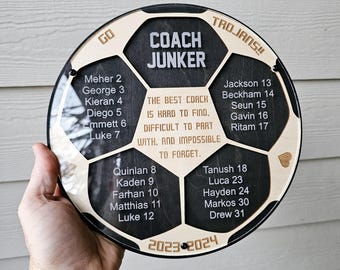 Puede incluir: Una placa de madera con forma de balón de fútbol con el texto "Coach Junker" y "El mejor entrenador es difícil de encontrar, difícil de dejar y imposible de olvidar." La placa también tiene los nombres de los jugadores y sus números, junto con el texto "Trojans!" y "Go".