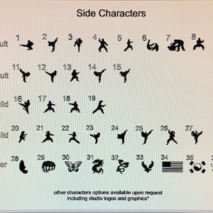 May include: A chart with black silhouettes of people in various poses, labeled with categories such as "Male-Adult", "Female-Adult", "Male-Child", "Female-Child", and "Other". The chart also includes symbols such as a butterfly, a dragon, a bird, and a belt.