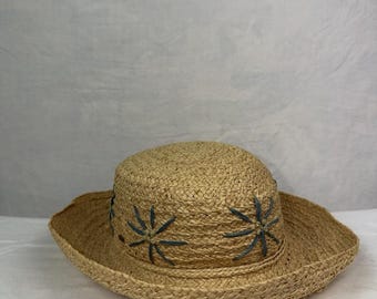 Vintage Natural Straw Sun Hat Wide Brim Floral Raffia Beach Boho Cottagecore