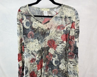 Jess & Jane Womens XL Mesh Top Floral Rose Print Sheer Crinkle Artsy Made in USA