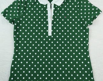 Tommy Hilfiger Women Green Polka Dot Polo Shirt Size S Short Sleeve Preppy Golf