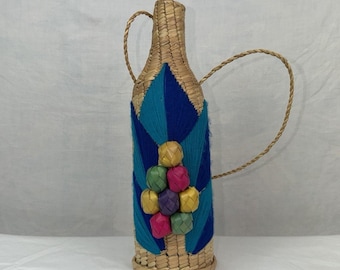 Vintage Hand Woven Rattan/Straw Wine Bottle Holder w/Fruit Embroidery