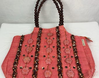 Bolso tote de rafia con cuentas de coral Susan Z con asa de madera, estilo bohemio playero Y2K