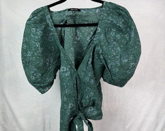 Madewell Womens Small Green Floral Wrap Top Puff Sleeve Tie Waist Cottagecore