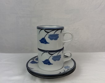 Dansk Damask Tivoli Blue Cup and Saucer Set 2 Cups 2 Saucers Porcelain