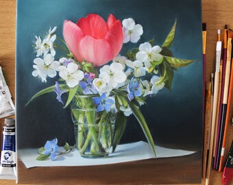 Spring flowers Still life, Tulip, cherry bloom, Wife gift, Original Flower painting, Hygge art, Realistic art, Ukraine art, decor, spring