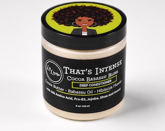 May include: A cylindrical jar of Lil Little That's Intense Cocoa Babassu Bliss deep conditioner. The black label lists ingredients including cocoa butter, babassu oil, hibiscus flower, silk amino acid, pro-B5, jojoba, shea, and honey. Net weight 8 oz.