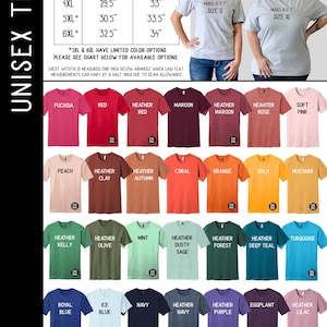 Puede incluir: Una tabla de tallas de camisetas unisex con medidas de ancho de pecho y largo en pulgadas. La imagen muestra una paleta de treinta y cinco opciones de camisetas, incluyendo fucsia, rojo, rojo jaspeado, granate, granate jaspeado, rosa, melocot&oacute;n, arcilla, oto&ntilde;o, coral, naranja, oro, mostaza, kelly, oliva, menta, salvia, bosque, azul verdoso, turquesa, azul, marino, morado, berenjena, lila, gris, carb&oacute;n, negro, blanco y natural.