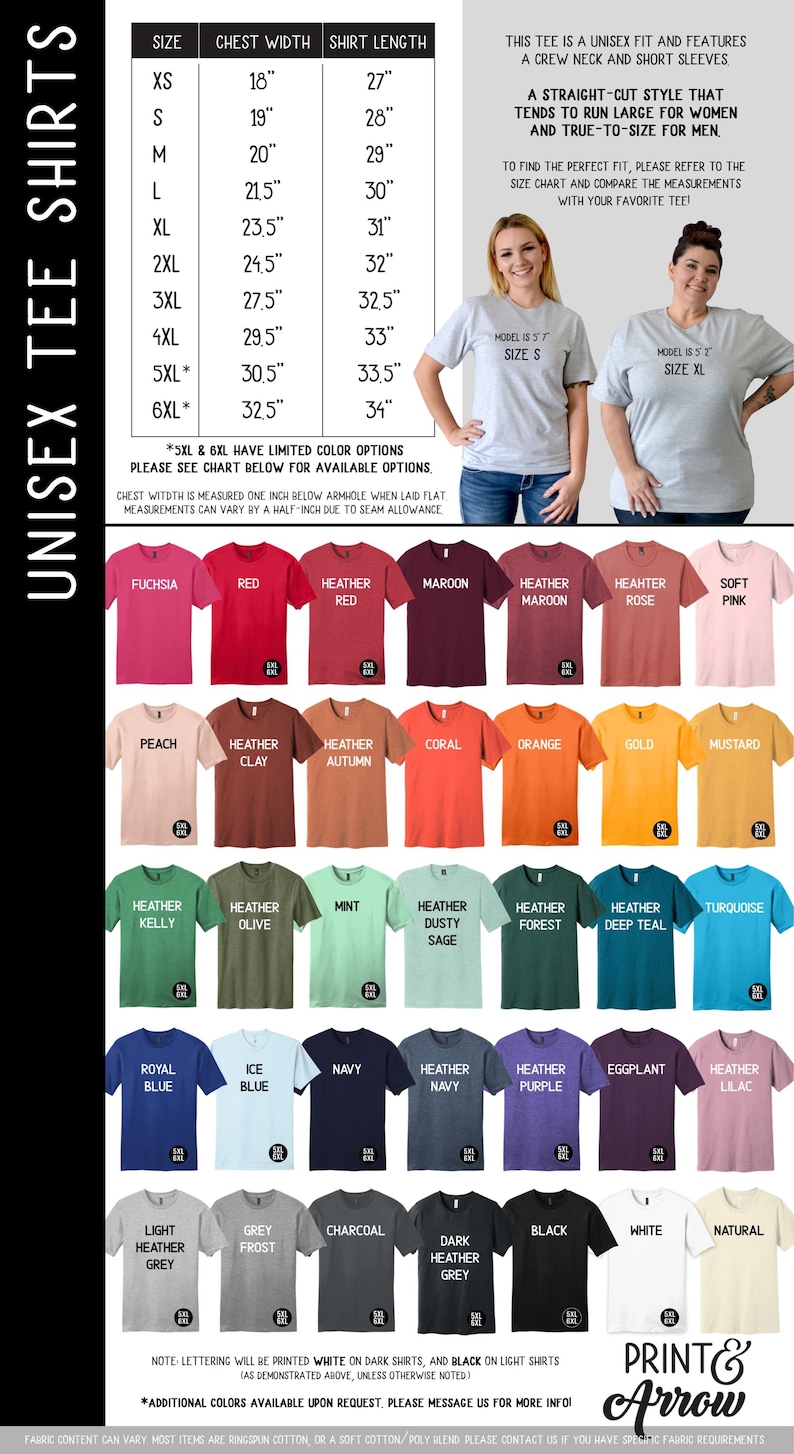 Puede incluir: Una tabla de tallas de camisetas unisex con medidas de ancho de pecho y largo en pulgadas. La imagen muestra una paleta de treinta y cinco opciones de camisetas, incluyendo fucsia, rojo, rojo jaspeado, granate, granate jaspeado, rosa, melocot&oacute;n, arcilla, oto&ntilde;o, coral, naranja, oro, mostaza, kelly, oliva, menta, salvia, bosque, azul verdoso, turquesa, azul, marino, morado, berenjena, lila, gris, carb&oacute;n, negro, blanco y natural.