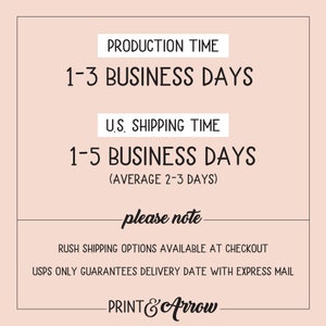 Puede incluir: Un gr&aacute;fico con texto que dice "Production Time 1-3 Business Days" y "U.S. Shipping Time 1-5 Business Days (Average 2-3 Days)". Debajo del texto hay una nota que dice "Please note: Rush shipping options available at checkout. USPS only guarantees delivery date with express mail." El gr&aacute;fico tambi&eacute;n incluye el texto "Print & Arrow" en la parte inferior.