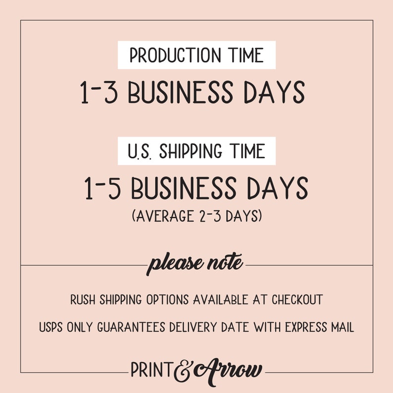 Puede incluir: Un gr&aacute;fico con texto que dice "Production Time 1-3 Business Days" y "U.S. Shipping Time 1-5 Business Days (Average 2-3 Days)". Debajo del texto hay una nota que dice "Please note: Rush shipping options available at checkout. USPS only guarantees delivery date with express mail." El gr&aacute;fico tambi&eacute;n incluye el texto "Print & Arrow" en la parte inferior.