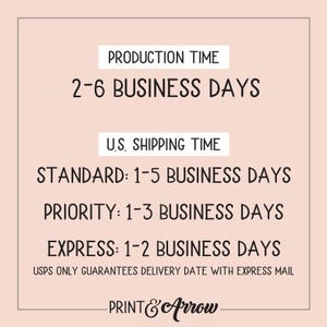 May include: Production time for orders is 2-6 business days. Shipping times within the US are 1-5 business days for standard shipping, 1-3 business days for priority shipping, and 1-2 business days for express shipping. USPS only guarantees delivery dates with express mail. Print & Arrow.