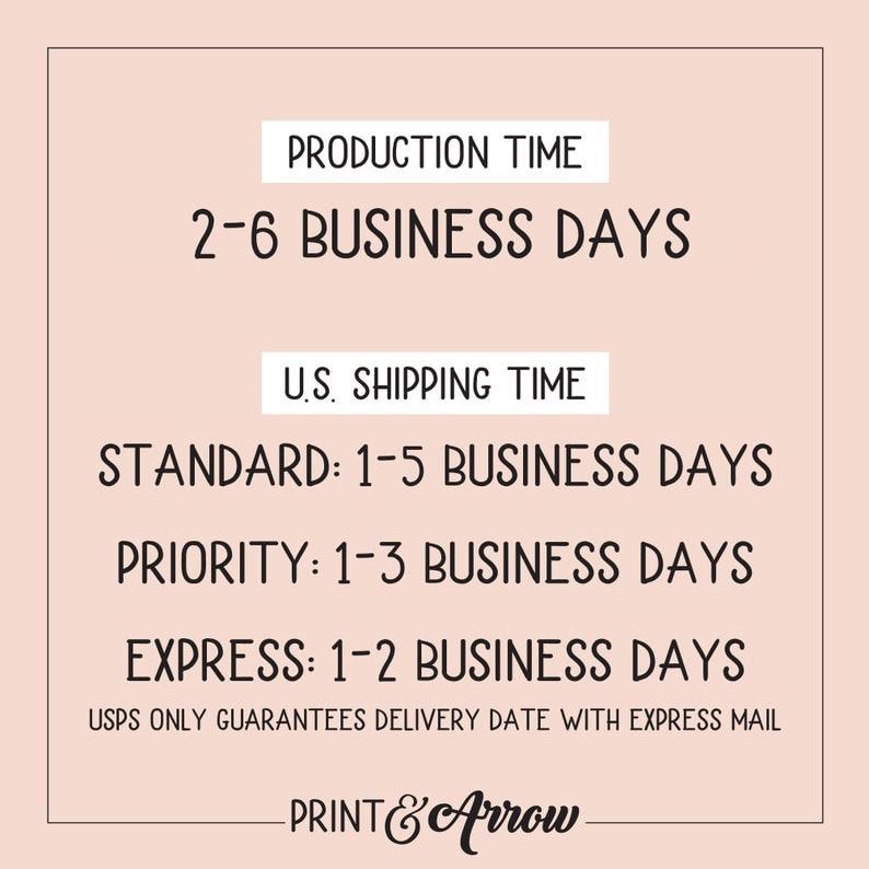 May include: Production time for orders is 2-6 business days. Shipping times within the US are 1-5 business days for standard shipping, 1-3 business days for priority shipping, and 1-2 business days for express shipping. USPS only guarantees delivery dates with express mail. Print & Arrow.