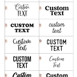 Op de afbeelding: Een grafiek met 12 verschillende lettertypen om tekst te personaliseren. De opties omvatten een verscheidenheid aan stijlen, van vetgedrukt en blokkerig tot cursief en handschrift. De tekst op de grafiek luidt "CUSTOM TEXT" in elk lettertype.