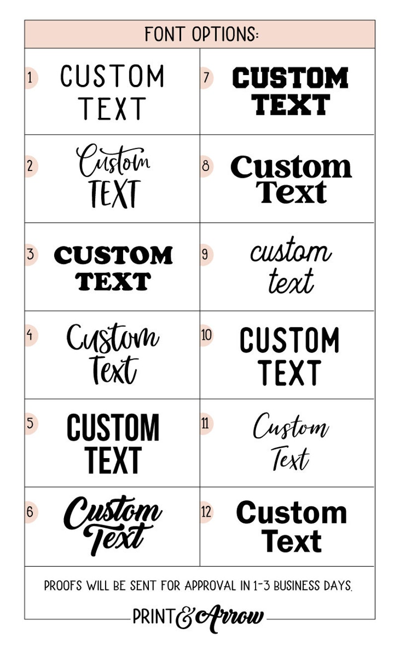 Op de afbeelding: Een grafiek met 12 verschillende lettertypen om tekst te personaliseren. De opties omvatten een verscheidenheid aan stijlen, van vetgedrukt en blokkerig tot cursief en handschrift. De tekst op de grafiek luidt "CUSTOM TEXT" in elk lettertype.