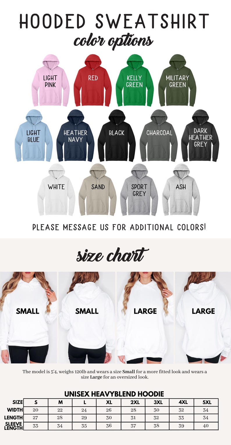 May include: A size chart for a unisex hooded sweatshirt, showing the measurements in inches for width, length, and sleeve length for sizes small through 5XL. The chart is labeled "Unisex Heavyblend Hoodie".