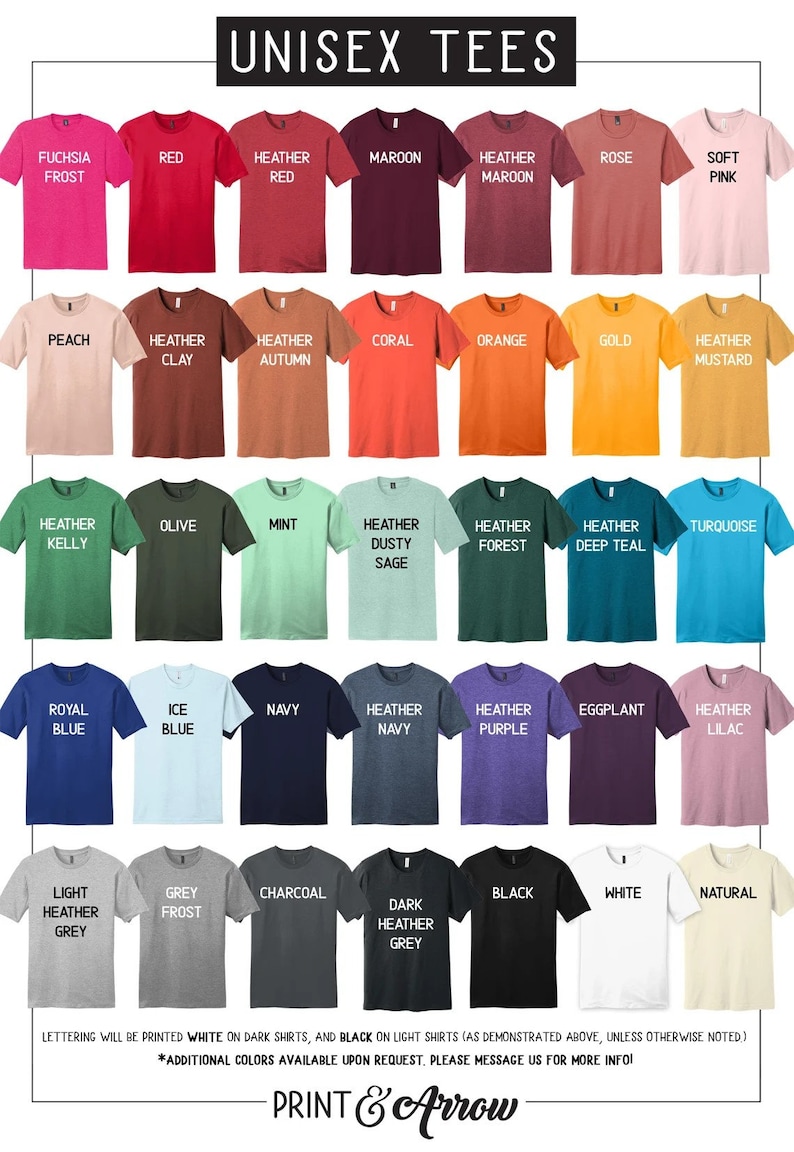Puede incluir: Una tabla de colores de camisetas unisex con nombres para cada color. Los colores incluyen fuchsia frost, rojo, heather red, marr&oacute;n, heather maroon, rosa, rosa suave, melocot&oacute;n, heather clay, heather autumn, coral, naranja, dorado, heather mustard, heather kelly, oliva, menta, heather dusty sage, heather forest, heather deep teal, turquesa, azul real, azul hielo, azul marino, heather navy, heather purple, berenjena, heather lilac, gris claro heather, gris frost, carb&oacute;n, gris oscuro heather, negro, blanco y natural.