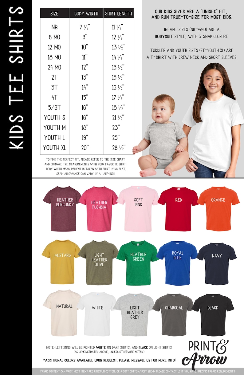 Puede incluir: Una tabla de tallas de ropa infantil con medidas de ancho de cuerpo y largo de camisa en pulgadas para tallas de NB a Youth XL, junto a una paleta de quince camisetas de manga corta en varios colores s&oacute;lidos y opciones de tela jaspeada.