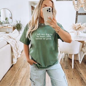 May include: Light green t-shirt with the text "I left my dog to be here...this better be good." The shirt is paired with light blue jeans. The image is taken indoors with a neutral background.