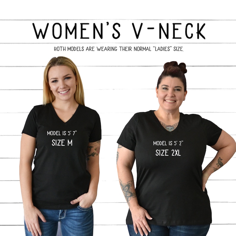 May include: Two models wearing black v-neck t-shirts. The model on the left is wearing a size M and is 5'7" tall. The model on the right is wearing a size 2XL and is 5'2" tall. Both models are wearing their normal size.